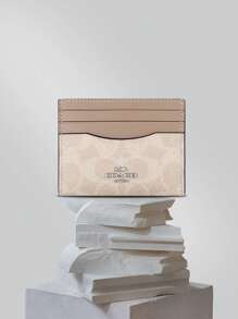 Coach Portofel subțire din piele pentru carduri de identitate, portofel cu buzunar frontal și blocare RFID pentru femei, cu fereastră transparentă pentru ID, portofel mini pentru monede cu breloc