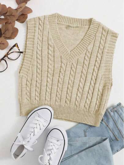 Colete Suéter de Malha Tricot Trança Decote em V