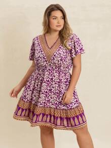 Rusttydustty 春夏女式加大码紫色碎花V领短袖拼接连衣裙，适合海滩度假、情人节、音乐节等场合。 - 紫色 - 查看 6