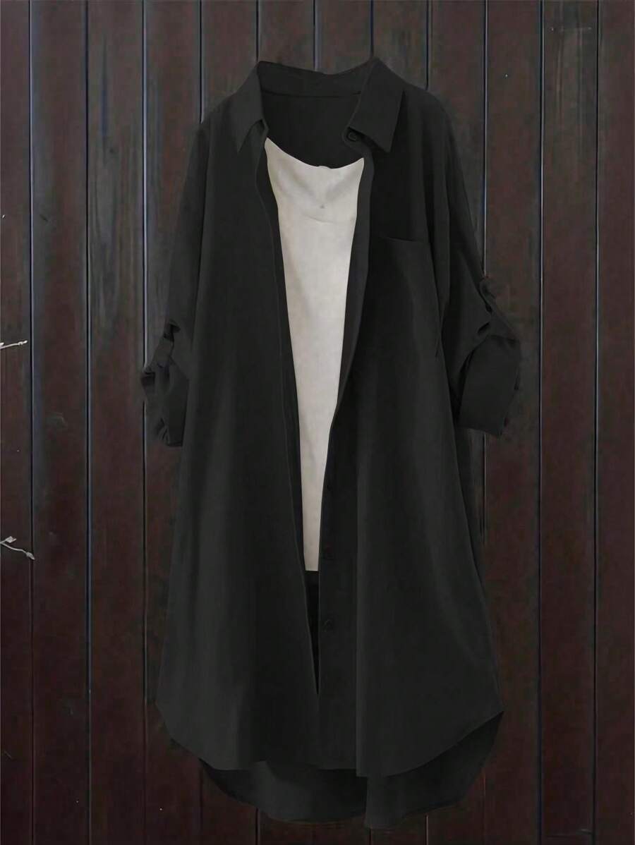 Women's Solid Color Long Sleeve Casual Turndown Collar Mid-Length Shirt - Black - View 1