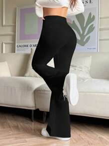 Pantalones acampanados elásticos de cintura alta de unicolor, pantalones de yoga deportivos, leggings de compresión, pantalones para correr y fitness, pantalones deportivos transpirables y de secado rápido para primavera y verano, leggings de mujer, ropa de mujer