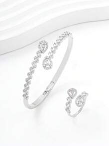 1 Set Simple Double Row Water Drop Zirconia Bangle & Ring Bracelet Set For Women - Silver - View 7