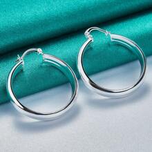 925镀银圆形光滑耳环耳钩，女士时尚魅力婚礼订婚首饰 - 銀色 - 查看 2