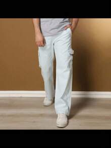 Cargo Twill Pants, Wide Leg Skate Pants, Unisex Pants - 淺色水洗藍 - 查看 2