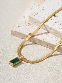 1 件女式项链，简约分层风格不锈钢扁平链配绿色锆石矩形吊坠，百搭日常佩戴和礼品配饰
