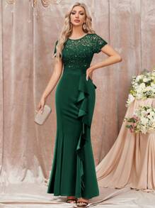 MIUSOL Elegant Women's Dark Green Sequin Floral Lace Ruffle Trim Satin Mermaid Hem Maxi Dress, Formal Evening Gown For Wedding Guest, Graduation, Evening Party,Vacation, Dinner - 墨綠色 - 查看 3