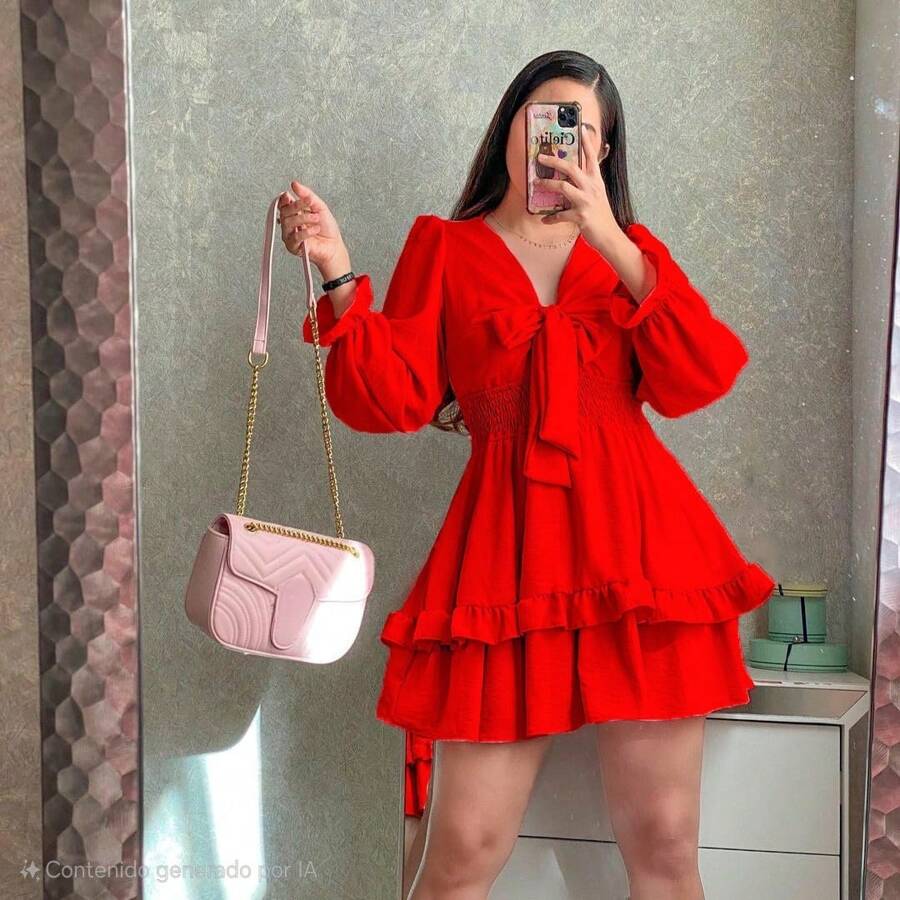Vestido corto olan bajo, manga aglobada, escote v, detalle moño - Rojo - Ver 1