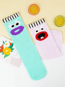 1 Pair Fun Cartoon Pattern Socks With Elastic Cuff, Made Of Polyester And Spandex, Knee-High Length, Knitted Fabric, Suitable For Boys And Girls, Funny Design, Hand Wash, Suitable For Year-Round Wear, Perfect For Home, School, Party, Outdoor, And Holiday Gift