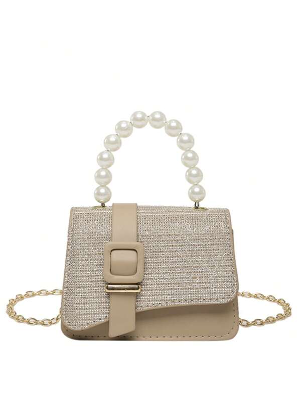 2025 Spring New Fashion Solid Color Shiny Faux Leather Pearl Decor Chain Shoulder Crossbody Square Mini Bag For Girl