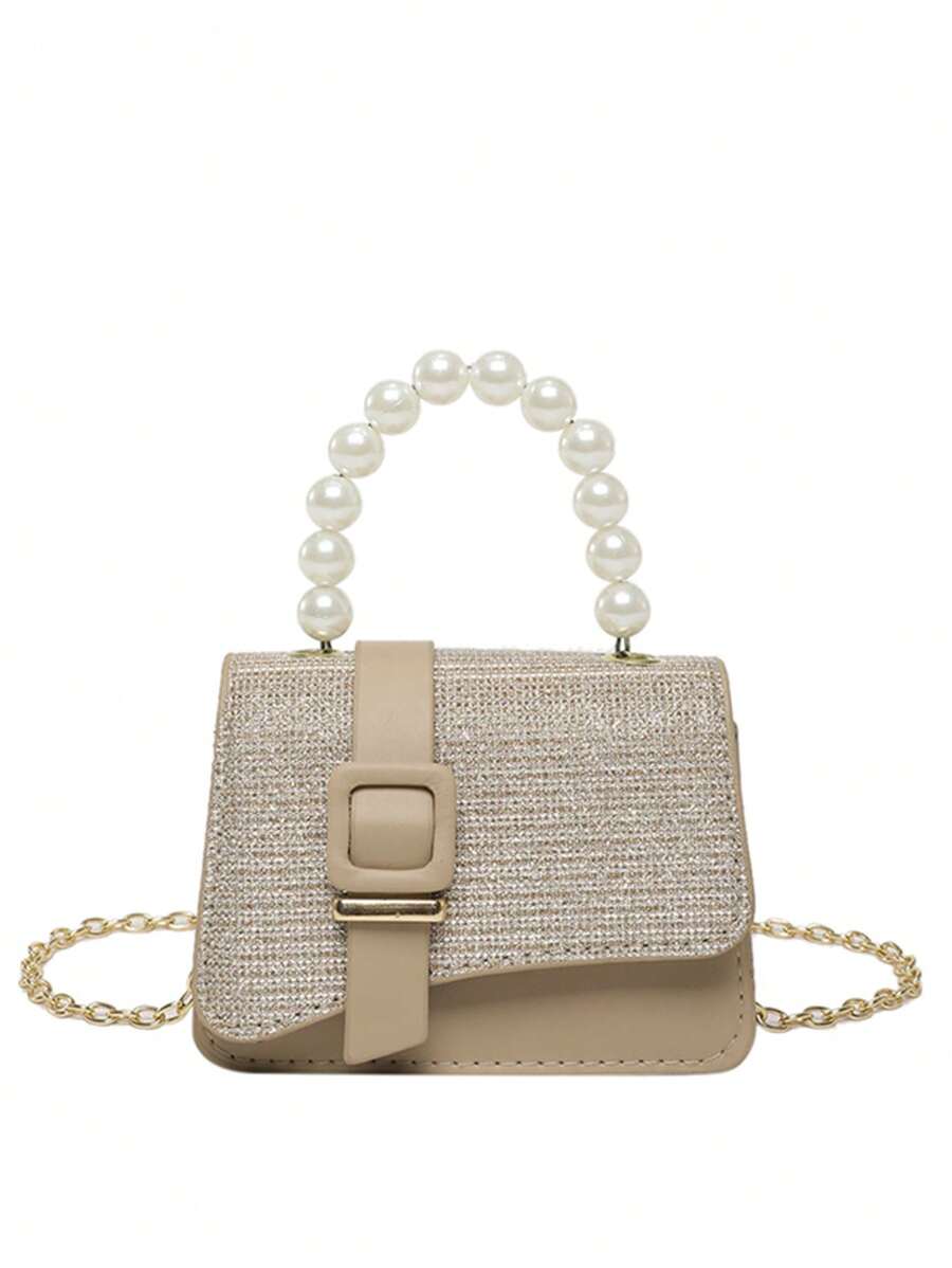 2025 Spring New Fashion Solid Color Shiny Faux Leather Pearl Decor Chain Shoulder Crossbody Square Mini Bag For Girl