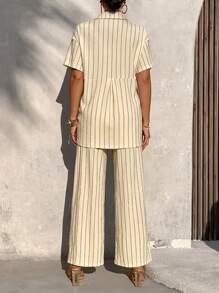 Women's Summer Casual Vacation Striped Long Style Blouse & Pants Two-Piece Set (Random Print) - Light Apricot - View 5