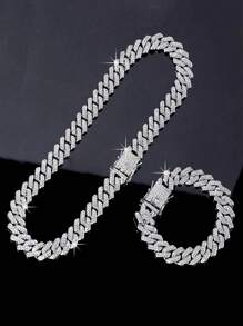 1pc 15mm Shiny Thick Chain Design, Rhinestone Inlaid Hip Hop Bracelet + Necklace Set, Suitable For Daily Wear And Party Decoration - Hip Hop Necklace Set - View 10