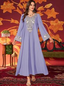 Đầm dài thêu hạt cườm phong cách Ả Rập thanh lịch dành cho nữ có cổ hình trái tim - Màu tím - Xem 8