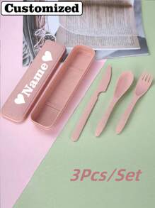 Personalisiertes 3er-Set tragbares Reisebesteck mit Etui, wiederverwendbares Essbesteck inklusive Besteck, Kaffee Löffel, Salat Gabel, Steakmesser und Aufbewahrungsbox