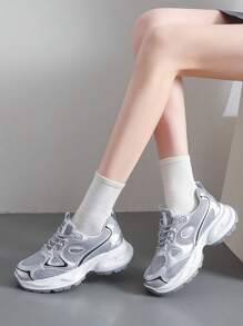 女士厚底厚底运动鞋 2025 新款夏季透气网眼跑步鞋，银色厚底休闲轻便网眼运动鞋 - 銀色 - 查看 4