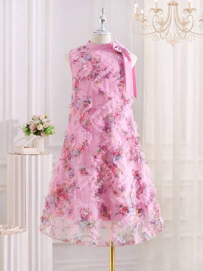 Dziewczęca różowa, bezrękawnikowa, siateczkowa sukienka z dużą kokardą i haftem, księżniczka, wygodna i elegancka na wyjścia