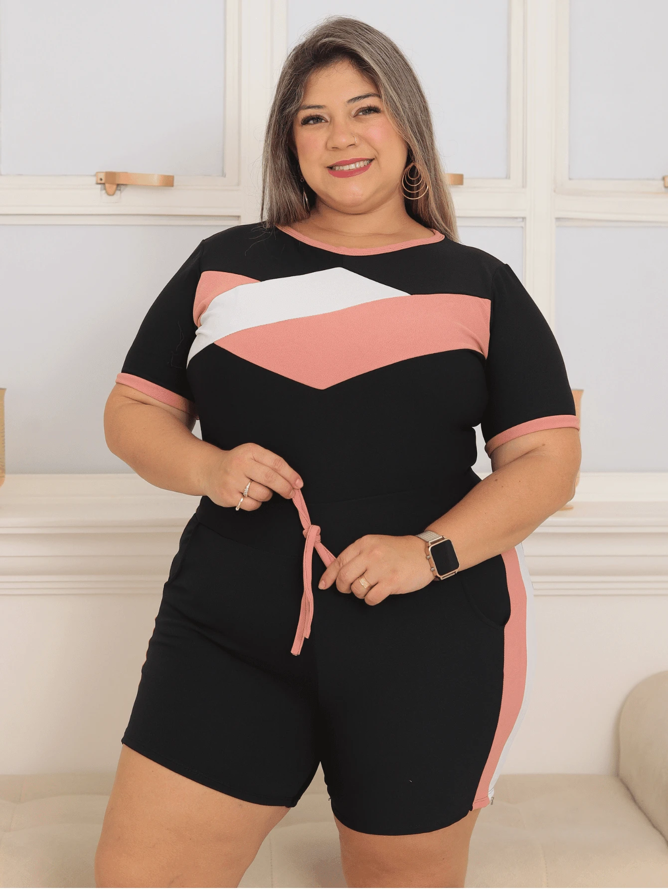 Shorts Set With Sleeves Plus Size Crepe Mesh Comfortable Casual Versatile - Rusty Rose - View 1