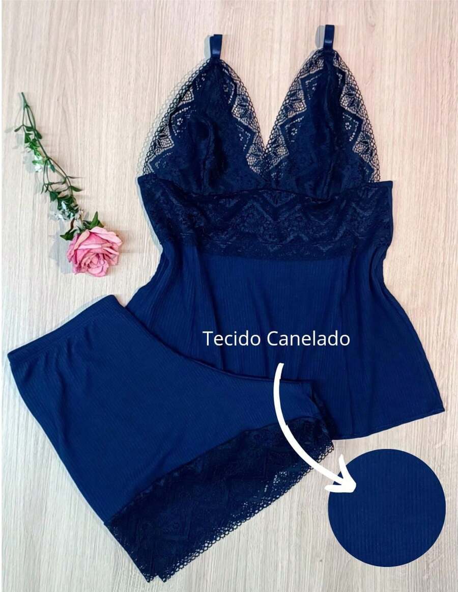 Baby Doll Ribbed Lace Comfort Without Padded Lined Pajama Short Doll - 544 - Navy Blue - View 1