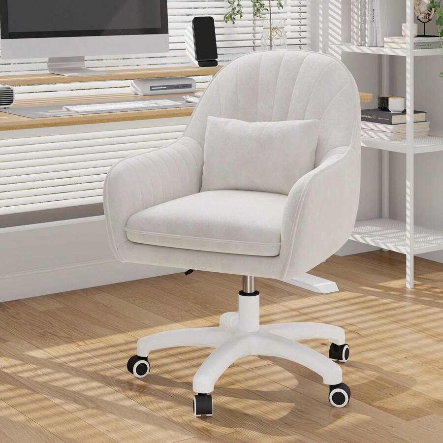 Nalupatio Home Office Chair, Velvet Chair With Head Cushion, 360° Rotatable, Height-Adjustable Office Chair Ergonomic, Make-Up Chair Swivel Chair, For Study Bedroom, Load Capacity Up To 150 Kg - 白色 - 查看 1
