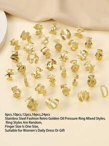 24件不锈钢时尚复古金色油压戒指混合款式，戒指款式随机，手指尺寸均为均码，适合女性日常装扮或送礼 - 金黃色 - 查看 4