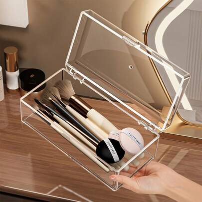 1pc Transparent Makeup Organizer, Clear Plastic Cosmetic Brush Holder, Dust-Proof Tabletop Storage Box, Suitable For Lipstick, Eyeshadow, Brushes, Makeup Puffs - Lightweight, No Electricity Needed, Capacity Less Than 3.2 Cubic Feet, Height Under 27 Inches