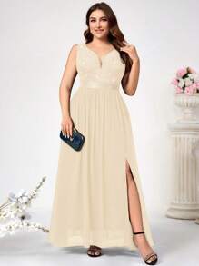Plus Deep V Neck Sequin Floral Lace Chiffon Sleeveless Formal Party Maxi Dress