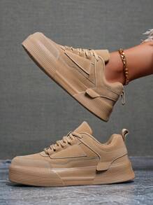 (Size Runs Small) Women's Minimalist Solid Color Patchwork Detail Front Tie Skateboard Shoes, Round Toe Platform Comfortable Casual Sneakers