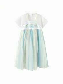 Balabala Girls' Embroidered Hanfu Dress, Modern Chinese-Style Summer Outfit, 2025