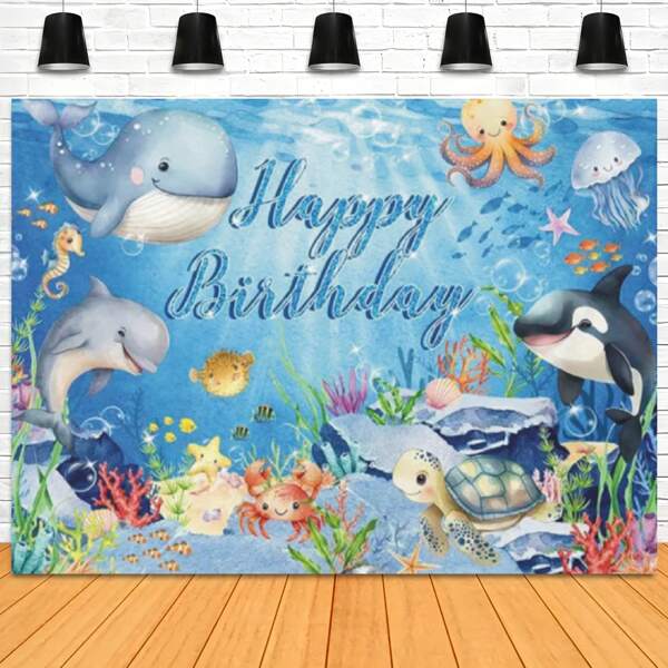 1pc Cartoon Sea Animals Birthday Theme Dolphins Turtles And Other Sea Creatures Design Background Cloth Birthday Party Cake Table Decoration Banner Portrait Photography Background Vinyl