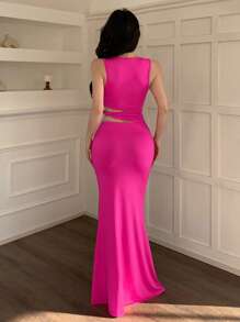 Women's Sexy Holiday Style Continuous Hollow Twist Metal Button Tight Dress, Suitable For Holiday Date Wear Spring And Summer New Women's Clothing - Hot Pink - View 6
