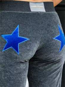 Women Loose Pants Star Patch Drawstring Elastic Waist Trousers Spring Fall Casual Sweatpants Bottoms - 棕色 - 查看 4