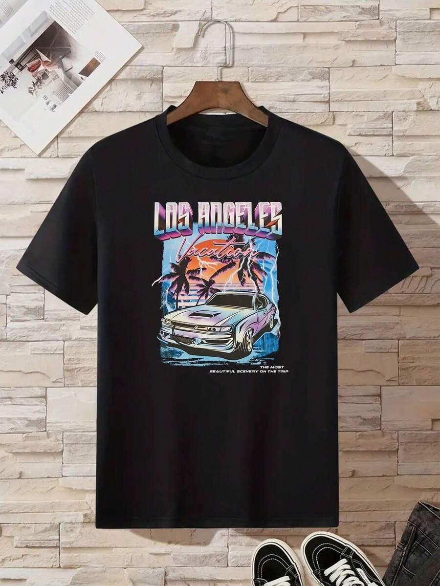 Camiseta de manga corta casual con gráfico de coche y letra Tejido Transpirable 220g algodón pesado - Negro - Ver 1
