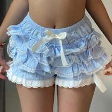 Women Lolita Bloomers Cute Ruffle Shorts Lace Pumpkin Pants Sexy Boyshorts Layered Bottoms Y2k Fairy Lace Layered Sweet Pettipants - Màu xanh lam - Xem 2