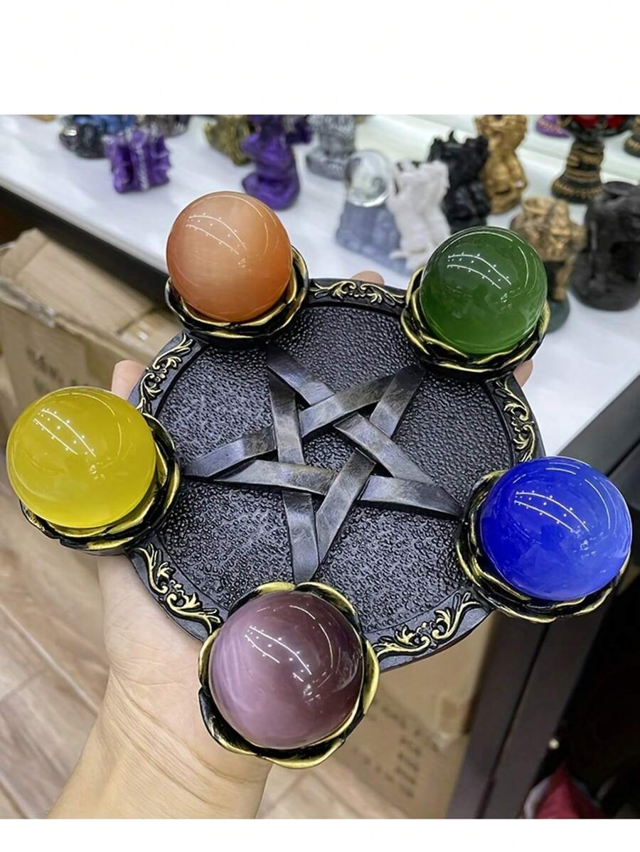 1PC Pentagram Seven-Star Array Crystal Ball Base,Five Awn Star Array Crystal Ball Resin Base Ornaments, Resin Base, For Home Room Living Room Office Decor,Stand Sphere Base Holder Magic Ball Display Stand Furniture Decor
