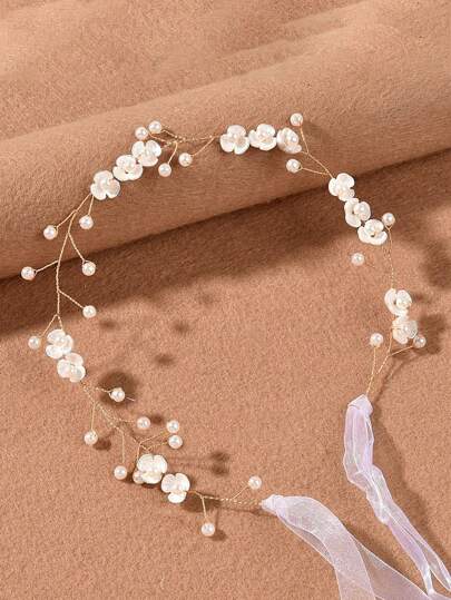 1pc Handmade Soft Pearl Tripetal Flower Headband, Hair Accessories, Headband For Updos, Hairpiece For Wedding Dress