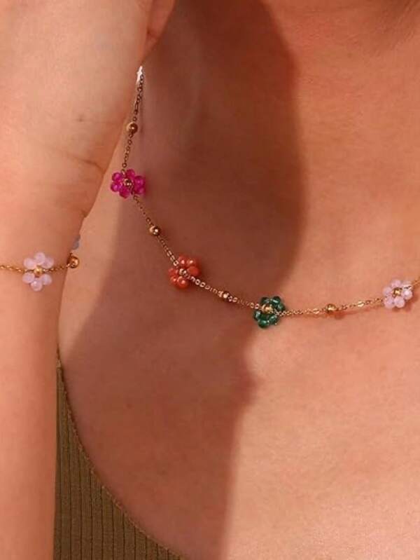 Daisy Flower Bracelet Necklace Anklet Earrings Set, Suitable For Women Spring/Summer Outfits