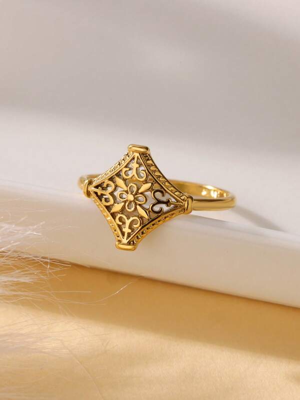 1 pezzo Anello di moda cavo a forma di fiore per donna e uomo, in acciaio inossidabile color oro, anello geometrico estetico, gioiello da matrimonio, regalo di coppia