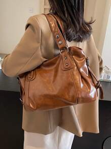 1 件复古大容量手提包，复古 PU 单肩斜挎包，女士休闲手提包和钱包 - 棕色 - 查看 10