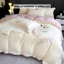 4pcs Soft Solid Color Brushed Feather Embroidery + Wide Hem Design Bedding Set (1 Duvet Cover + 2 Pillowcases + 1 Flat Sheet, Excluding Pillow And Comforter), Breathable, Machine Washable - Prosperity-white Powder - View 5
