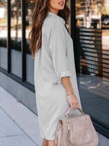 Womens Blouses,Blouses For Women Dressy Casual,Women's Button Up Shirts With Pockets Dresses Cotton Striped Shirts Long Sleeve High Low Shirt Tops - 灰色 - 查看 3