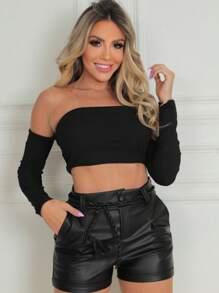 Women's Elegant Social Leather Shorts With Drawstring Belt Tie Shorts Leatherette Fashion Blogger Winter São João - Black - View 1