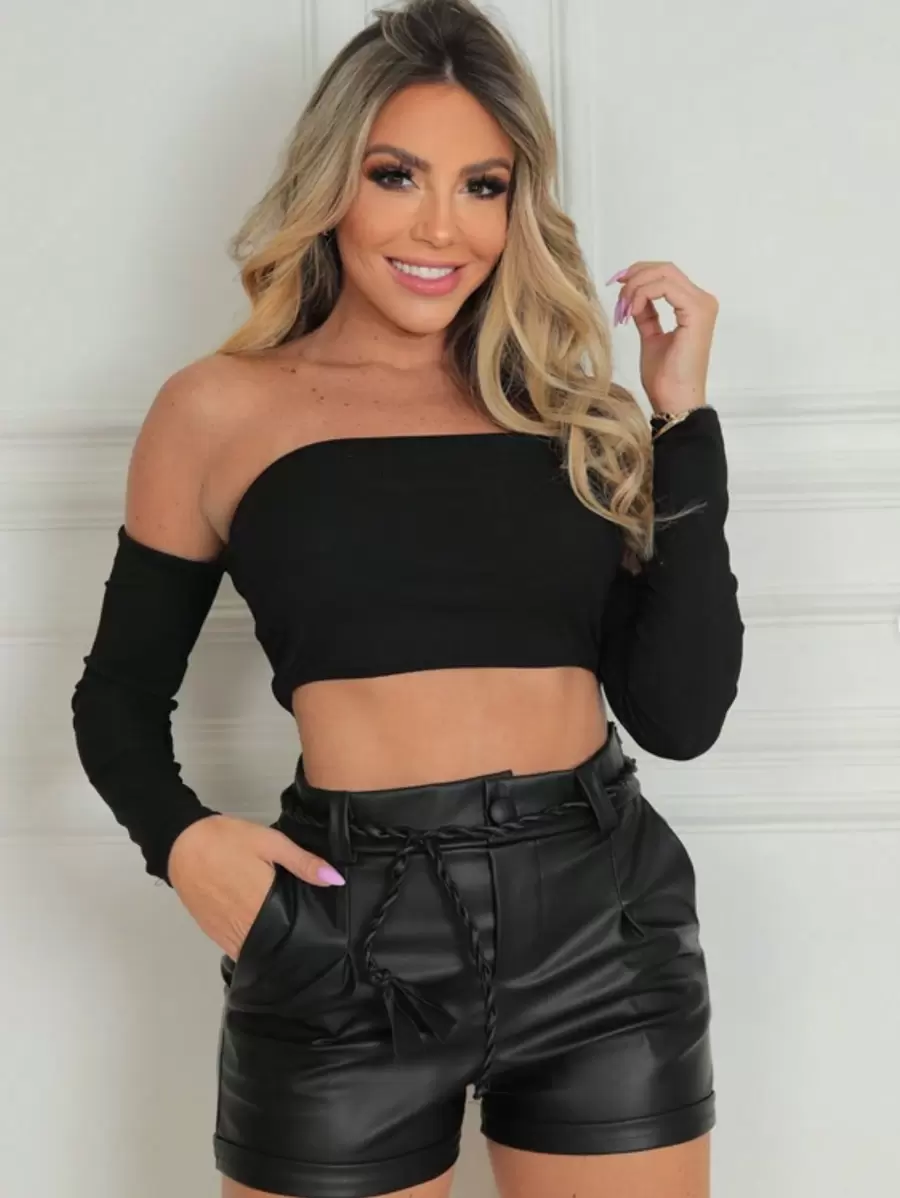 Women's Elegant Social Leather Shorts With Drawstring Belt Tie Shorts Leatherette Fashion Blogger Winter São João - Black - View 1