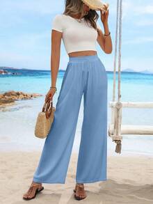 Drawstring Waist Plain Slant Pockets Minimalist Casual Straight-Leg Pants - Dusty Blue - View 3