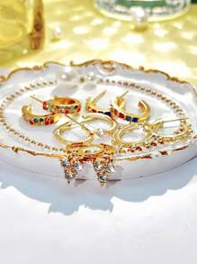 Bộ 5 đôi hoa tai vàng đính đá sáng bóng thời trang, hoa tai đinh tán tối giản phù hợp cho trang phục hàng ngày, tiệc tùng và dạ tiệc của phụ nữ - Món quà hoàn hảo cho bạn gái, gia đình - bộ bông tai - Xem 9