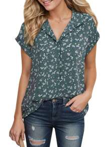 Women's Short Sleeve Casual Printed Lapel Shirt Work Shirt Top - 綠色 - 查看 4