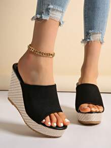 2024 Wiosna/Lato Nowe Sandały Damskie, Platforma z Odkrytymi Palcami, Grube Obcasy, Zamszowe Wsuwane Kapcie Na Wysokich Obcasach, Buty Damskie Plus Size - Czarne - Zobacz 5