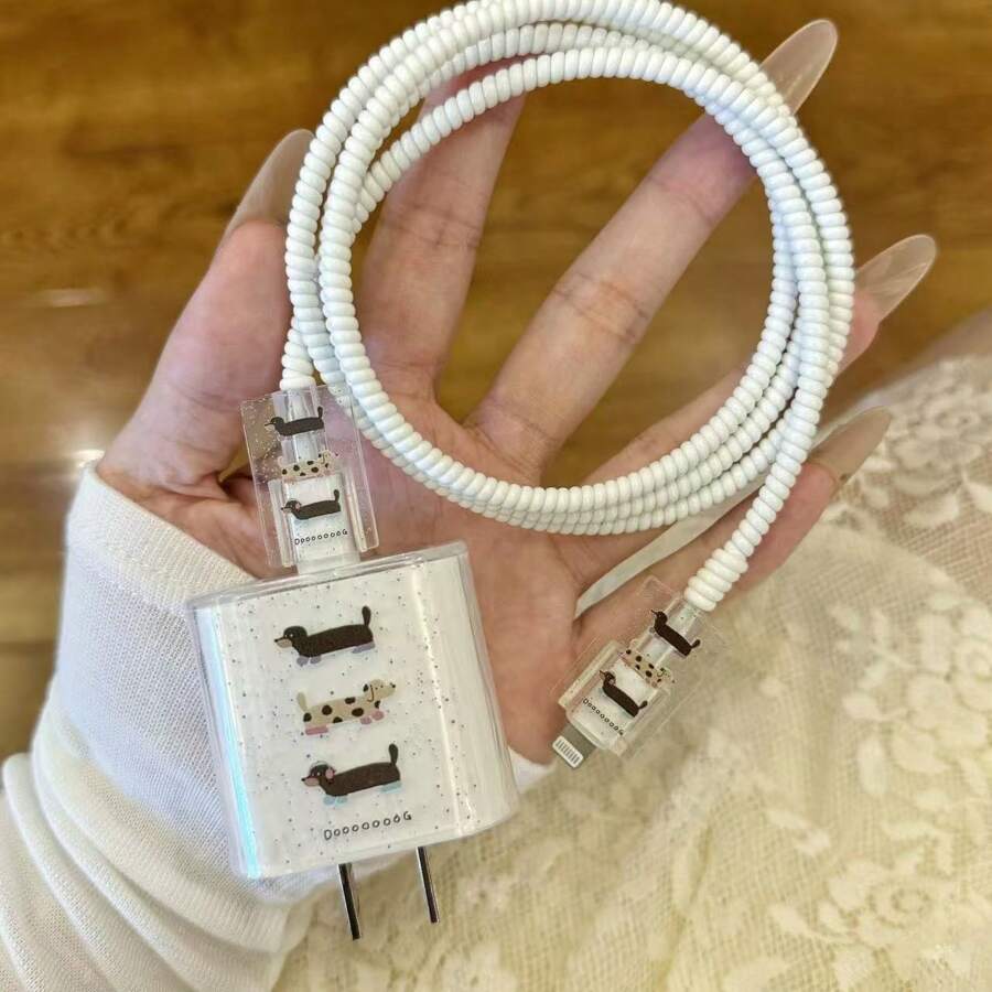 Nuevo set de 18/20W de protectores de cable de carga duraderos con patrón de perro y lunares, funda protectora de TPU compatible con cargador de 16/15/13/14, organizador de cable anti-rotura - Multicolor - Ver 1