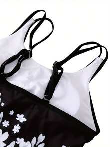 2Pcs Women Summer Swimwear, Floral Strappy Padded Tank Tops + Solid Color Shorts Swimsuit for Girls, 6 Colors - Blanco - Ver 7