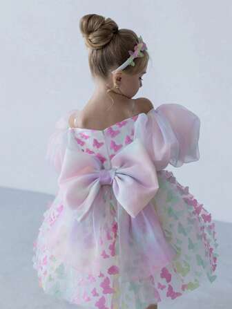 Young Girl Elegant Puff Sleeve Dress, Multi-Color Bow Tulle Princess Dress, Suitable For Girls' Birthday Party, Wedding, Bridesmaid, Holiday Occasions