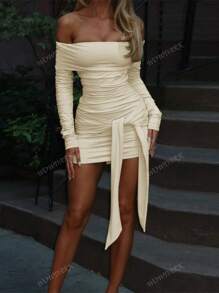 Vestido largo de manga larga con hombros descubiertos y lazo en el cuello para mujer WOWDARK, otoño